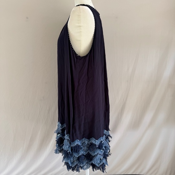 Maeve Navy Sleeveless Dress Size 14 Boho Fringe Hem Keyhole Neck - Picture 6 of 10
